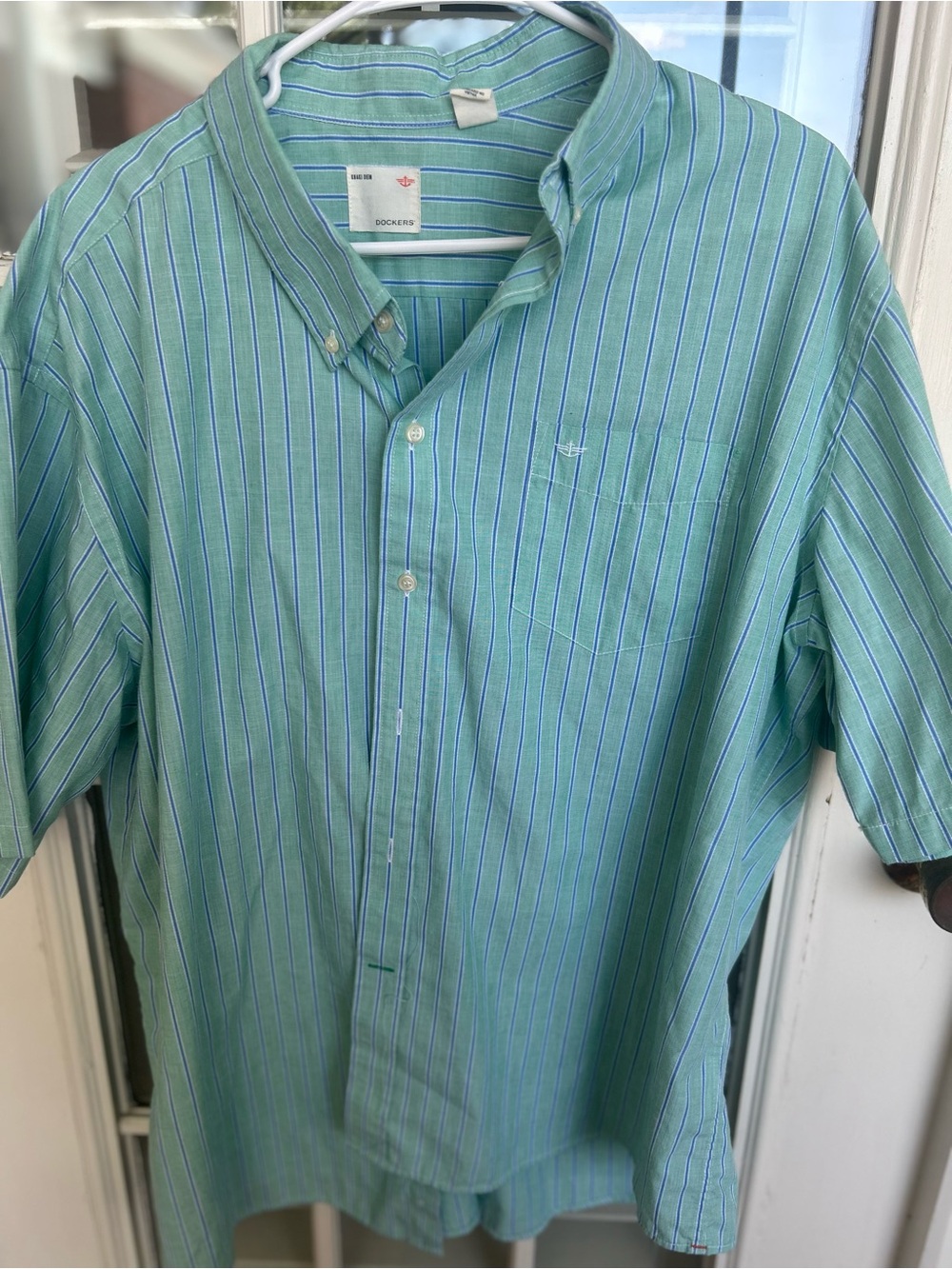 Dockers Men’s Light Green Short-Sleeve Striped Button-Down Shirt